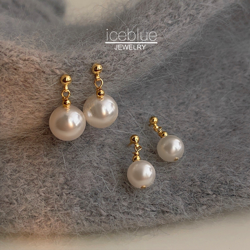 Iceblue-S925 เข็มเงินต่างหูมุกแก้ว 18K Gold Plated สไตล์เกาหลี Hypoallergenic คุณภาพสูง Simple Elegant แฟชั่น Studs สําหรับผู้หญิง E89
