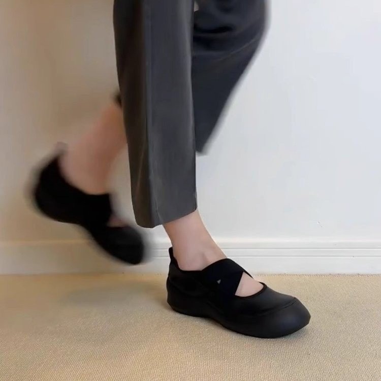 รองเท้าส้นสูงทรงกลมสำหรับผู้หญิงที่มีสายไขว้และยางยืด