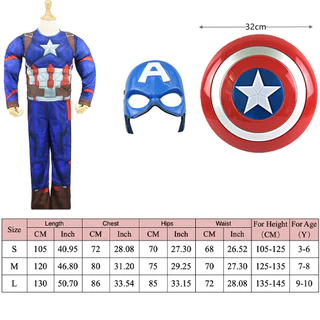 The Avengers กัปตันอเมริกาเครื่องแต่งกายสําหรับเด็ก Boy Super Hero Blue Muscle Light-Up Mask Sound Shield ชุดฮาโลวีนวันเกิด Party ชุด