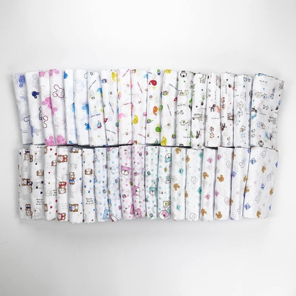 Happy D ผ้าอ้อมสาลู cotton 100% เกรด A ขอบเย็บ 2ชั้น (แพ็ค12 ผืน) (คละลาย)