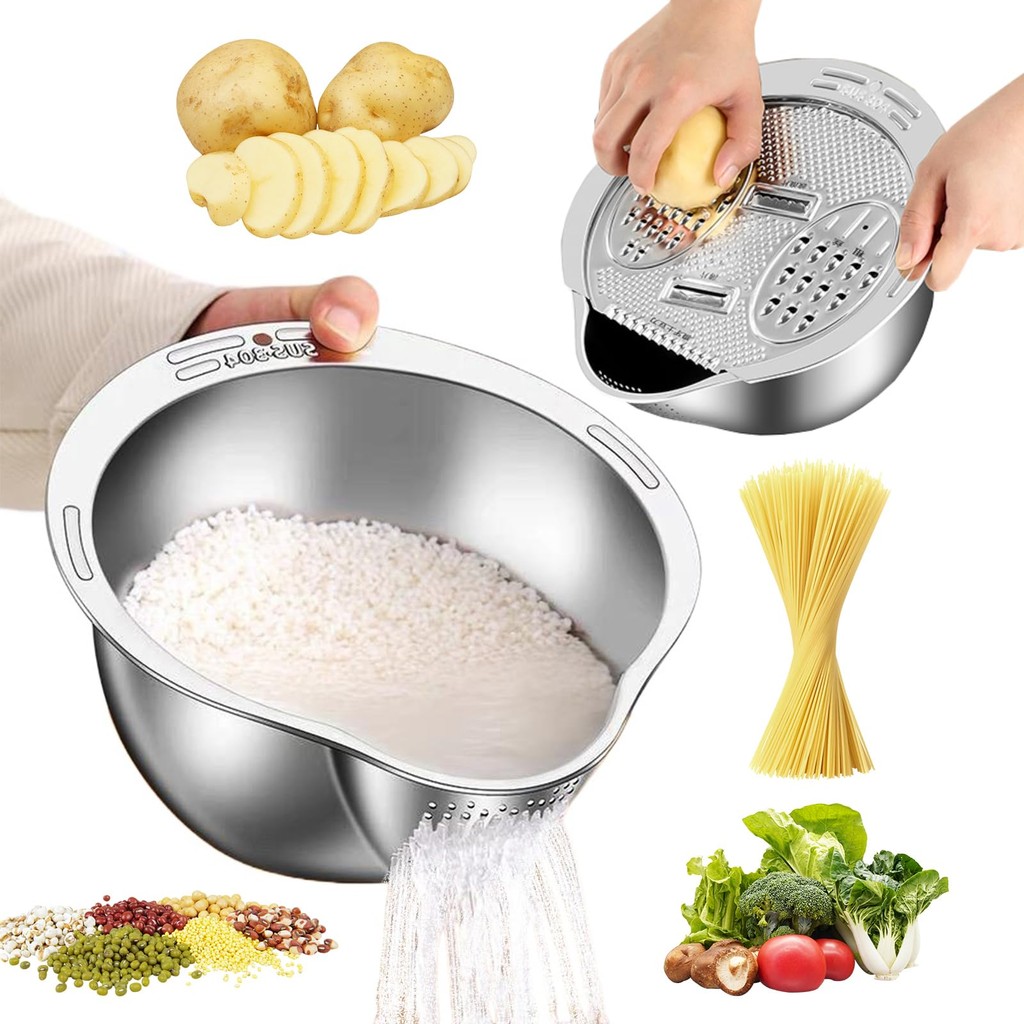 กะละมังขูดผัก หั่นผัก สแตนเลส 304 - กะละมังมีรู ตะแกรง ล้างผัก ซาวข้าว พร้อมตะขอติดผนัง