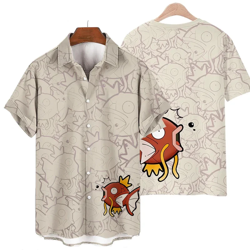2024 เสื้ออินเทรนด์อะนิเมะ Pokemon Psyduck Gengar Snorlax 3D ดอกไม้เสื้อ Unisex แขนสั้นปุ่มคู่อินเทรนด์ Beach Coat เสื้อ Tops