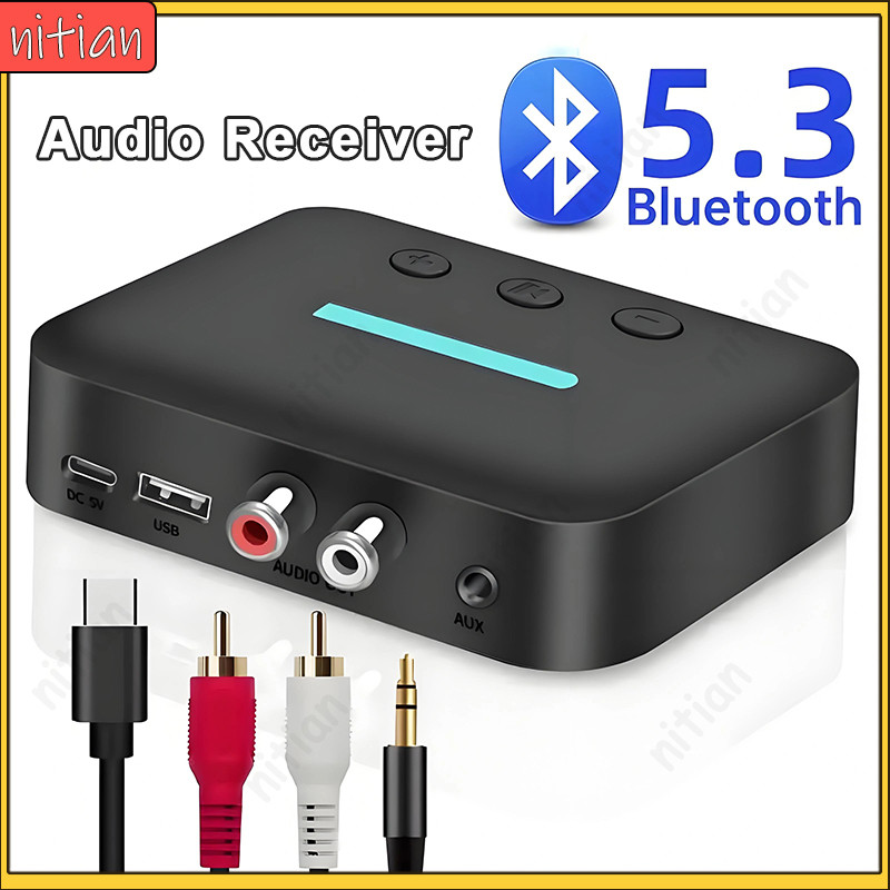 บลูทูธ 5.3 เครื่องรับสัญญาณเสียงอะแดปเตอร์ USB ไร้สายสเตอริโอเพลง 3.5 มม.AUX R/L RCA รองรับ U-Disk Playback สําหรับเดสก์ท็อปลําโพง Amp