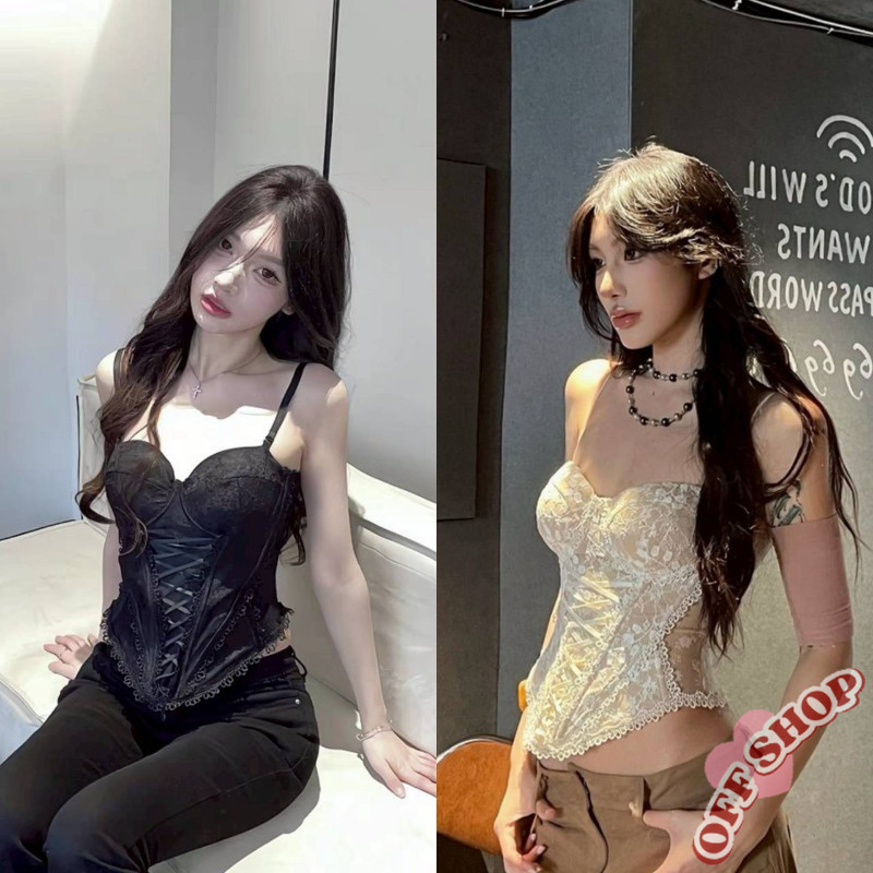 OFF SHOP 🥻ใหม่ 2025 เสื้อสายเดี่ยว ทรงรัดรูป มีฟองน้ำ ลายลูกไม้สีพื้น' FY1942