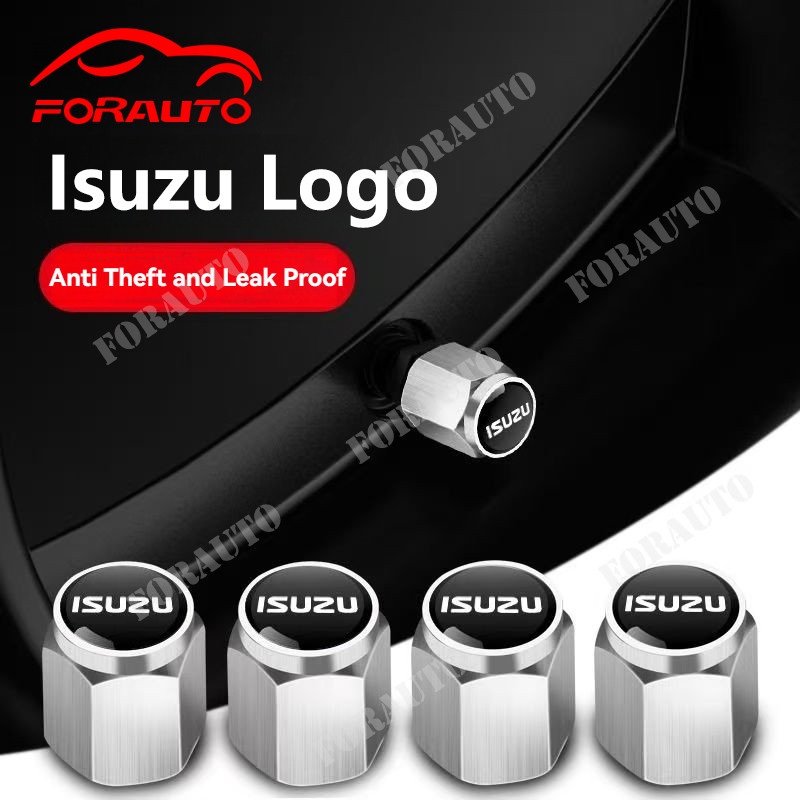 จุกลมยางรถยนต์ พร้อมโลโก้  จุกปิดลมยาง ฝาปิดจุกลม ยางรถยนต์ Isuzu/อีซูซุ สีขาว/สีดำ 1 ชุด (4 อัน) - Car Tire Valve Caps