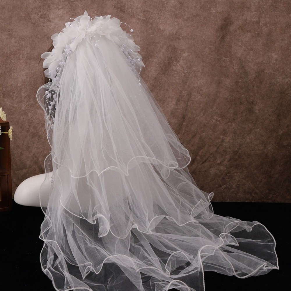 มันสวยจัง! ผ้าคลุมหน้านางฟ้าเจ้าสาวใหม่ดอกไม้สามมิติพู่มุกฝรั่งเศสผ้าคลุมหน้าสามชั้น