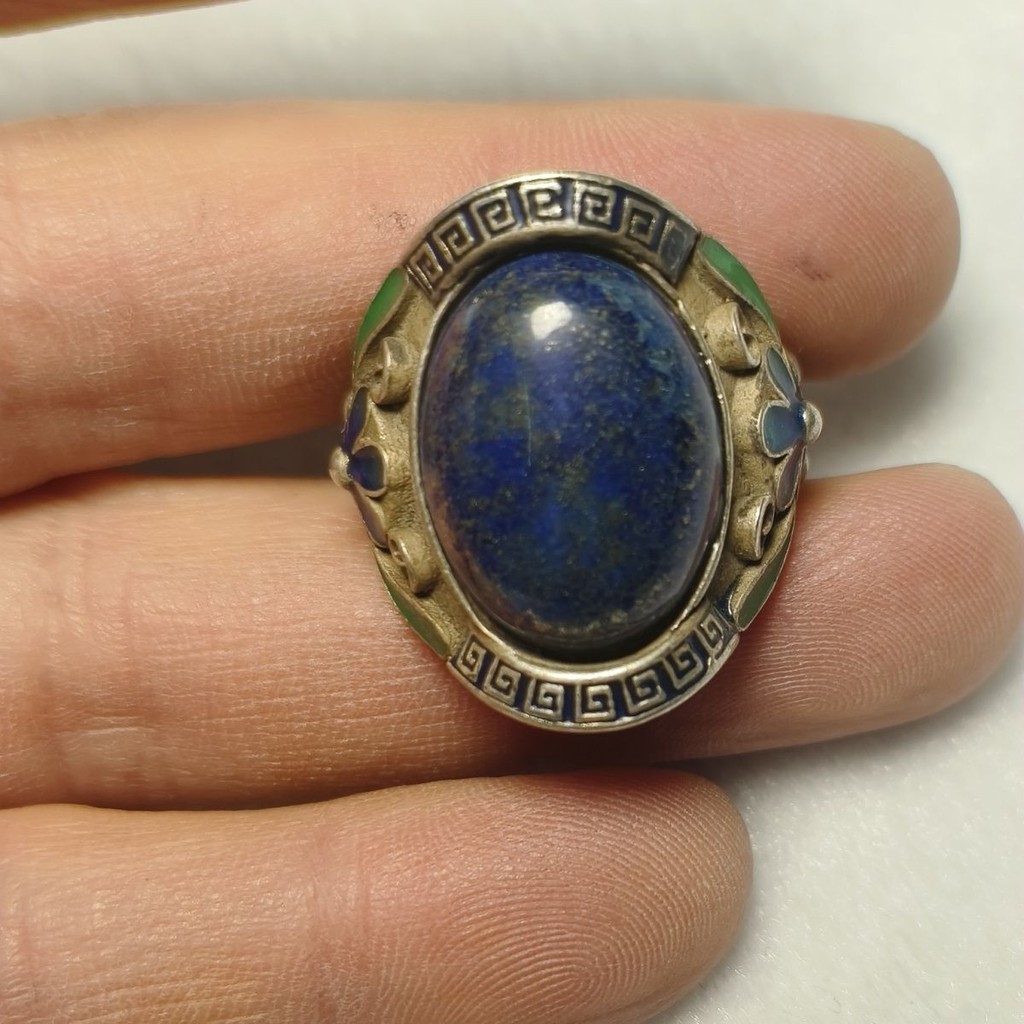 ครอบงําผู้ชายแร่ lapis lazuli แหวน 925 ฝังด้วย lapis lazuli เหมืองเก่าจักรพรรดิสีเขียว air 男款 ผู้มีช