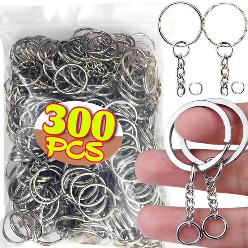 50-300 ชิ้น Silver Plated Metal Blank Keyring - Split Key Rings with Chain - DIY เครื่องประดับทําอุปกรณ์เสริม