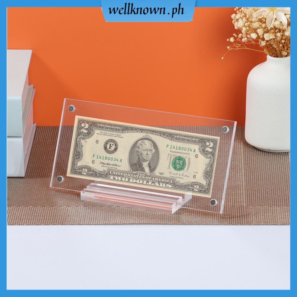 2 ชิ้น Dollar Bill Frame อะคริลิค Dollar Bill Holder พร้อมฐานสองด้านโปร่งใส Ticket Display Case Easy