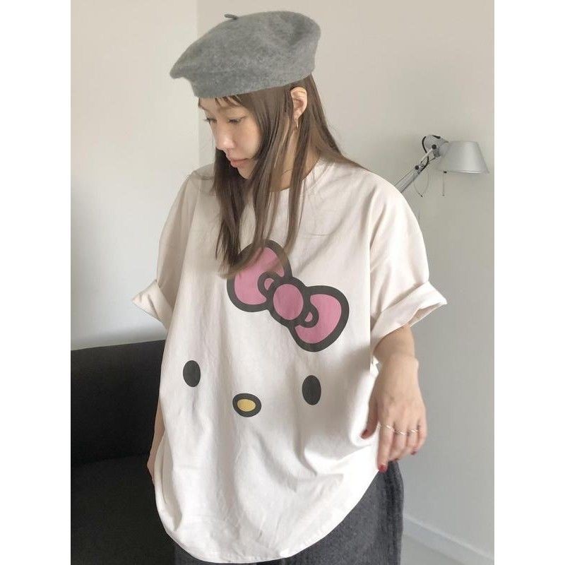 2025 เกาหลี ins Niche kitty Age-Reduction พิมพ์ Casual All-Match หลวมผ้าฝ้ายแท้รอบคอแขนสั้นเสื้อยืดด้านบน