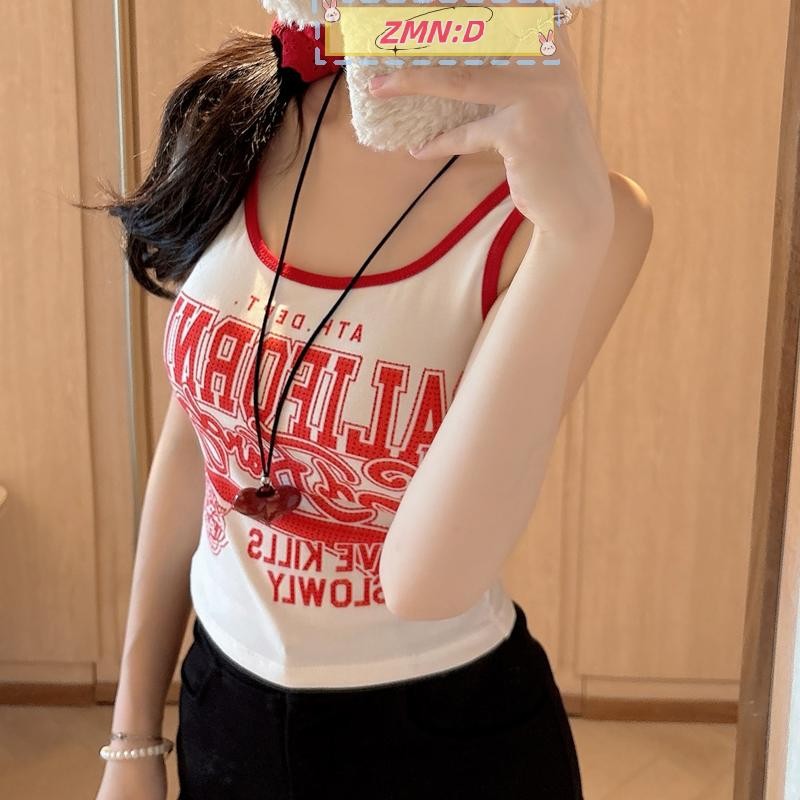 Newwellknowngreat ฤดูร้อน Retro Contrast สีพิมพ์ U-คอแขนกุด Slim Camisole สําหรับผู้หญิง RRT