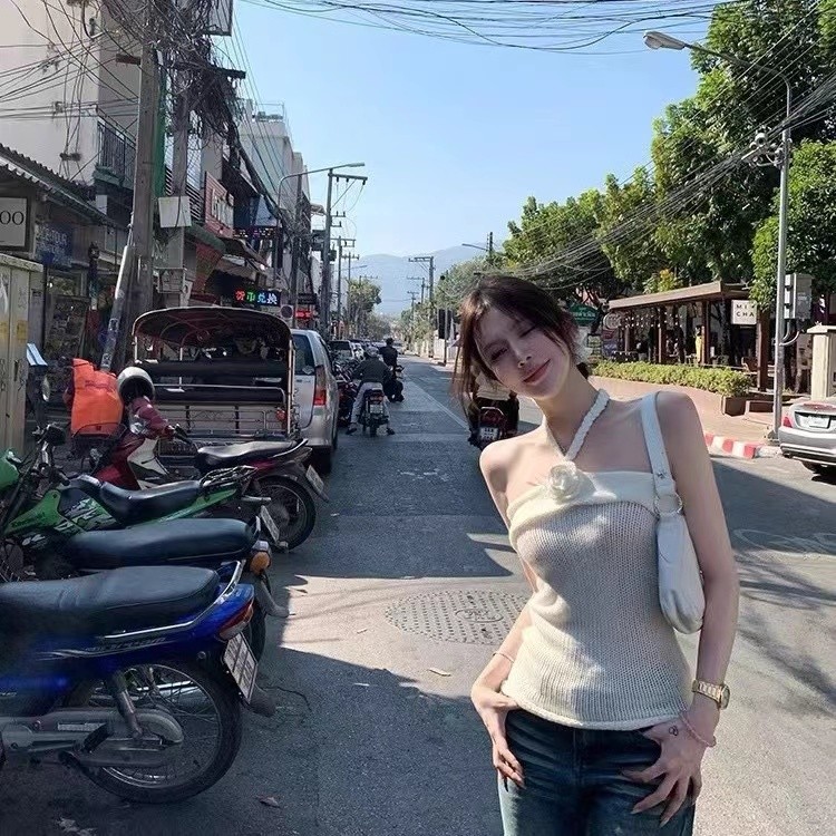 Tube Top โครเชต์ดอกไม้งานฝีมือ คอห่วง สไตล์Halтер สำหรับผู้หญิง
