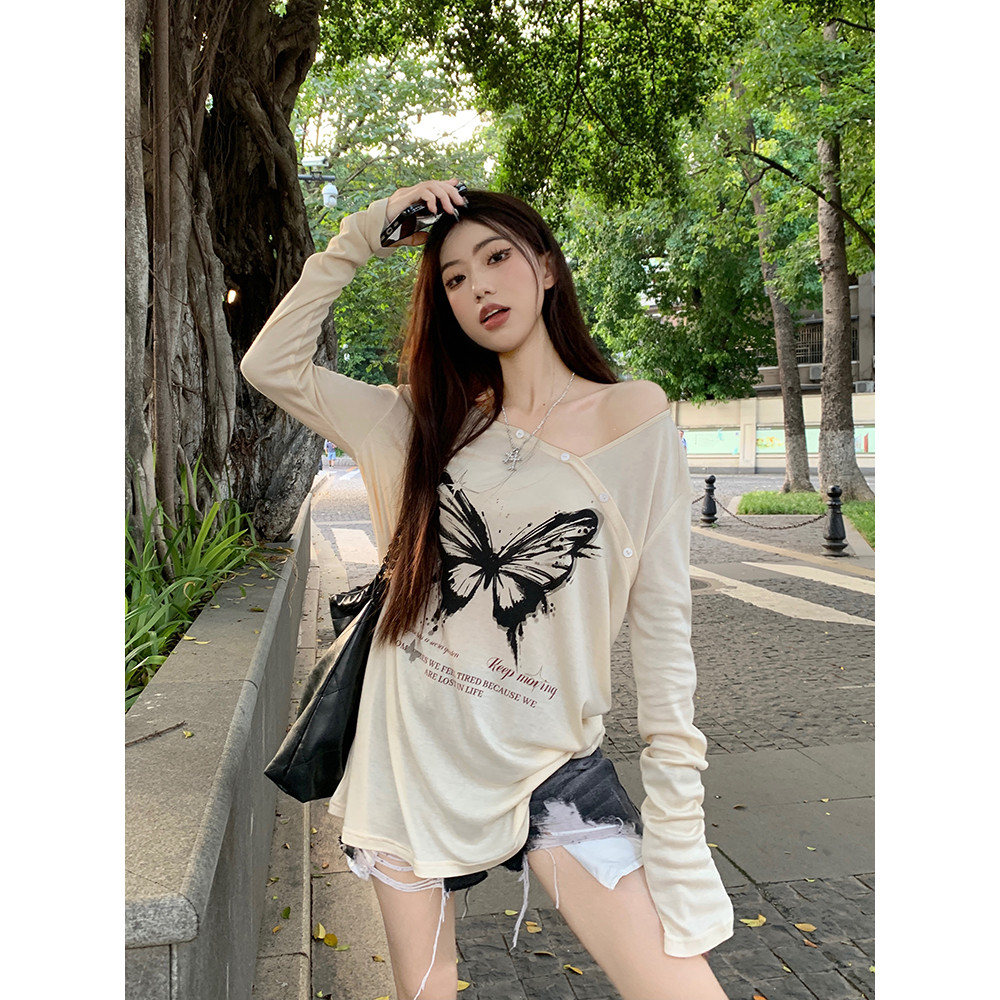 ส่งไวจากไทย TAYCEN M-2XL เสื้อกันแดด ผู้หญิง เกาหลี แขนยาว ไม่สมมาตร ลายพิมพ์ เสื้อ oversize เสื้อสาวอวบ โอเวอร์ไซส์