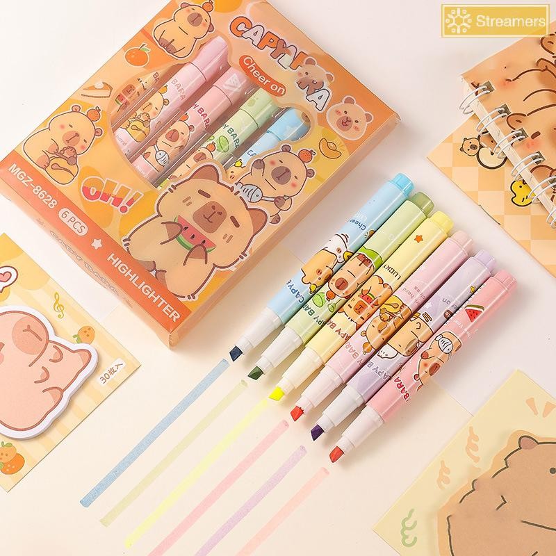 {Streamers} 6 ชิ้นน่ารักการ์ตูน Capybara High Pen Wrig Smooth Quick-Drying ปากกาโรงเรียนอุปกรณ์สํานักงานนักเรียนเครื่องเขียนของขวัญใหม่