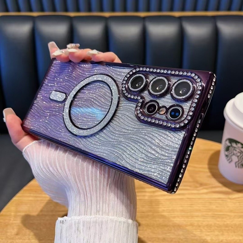 SAMSUNG หรูหราชุบ Rhinestone Wave รูปแบบGradient Glitterแม่เหล็กสําหรับSamsung S24 S23 S22 Ultra S24 Plus A55 A35 A25 A15 A05 A54 A34 เลนส์Anti-Drop Soft Cover