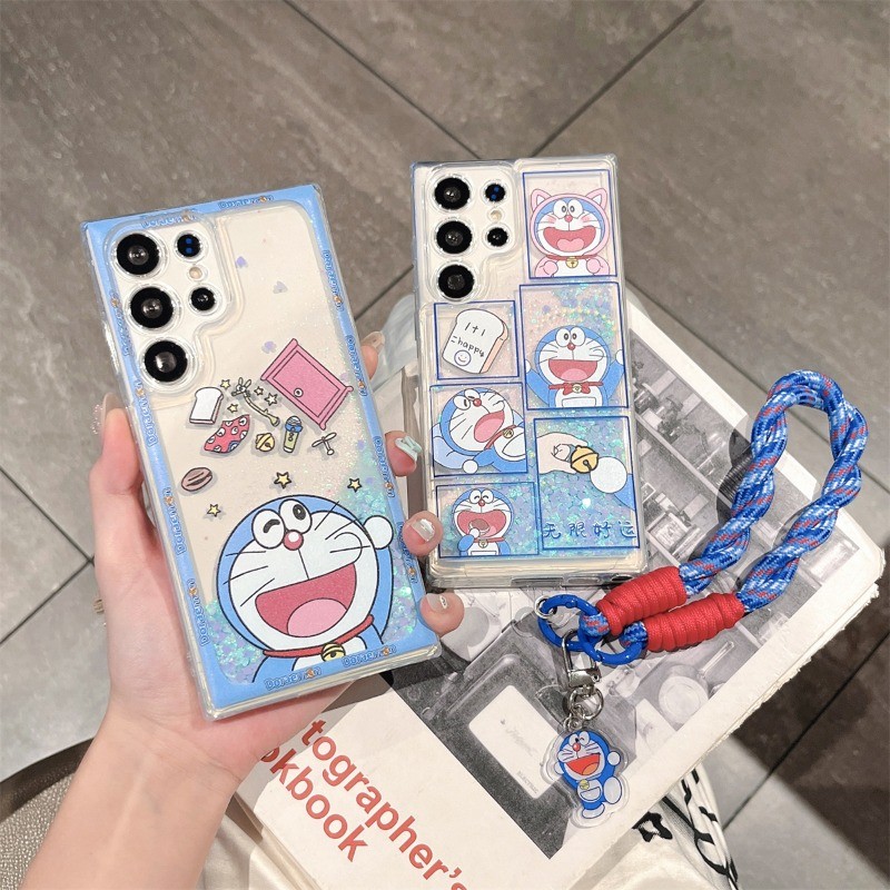 Liquid Glitter Quicksand สําหรับ Samsung S24 Ultra การ์ตูน Doraemon เคสโทรศัพท์สําหรับ Samsung S23 Plus S22 Ultra S21 สร้อยข้อมือซิลิคอนสีดํา