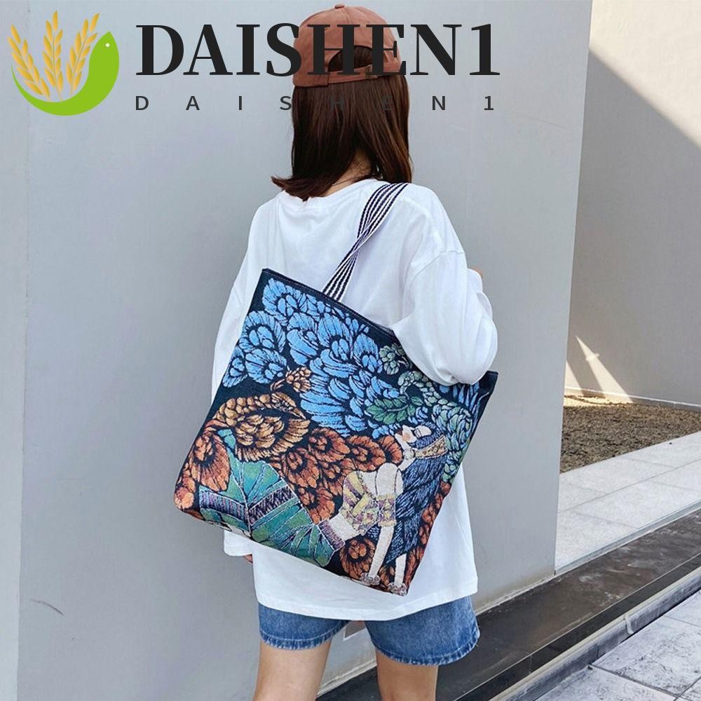 Daishen1 กระเป๋าสะพายไหล่ ทรงโท้ท เพ้นท์สีน้ํามัน ลายดอกไม้ ใบไม้ สไตล์เรโทร ขนาดพกพา สําหรับเดินทาง
