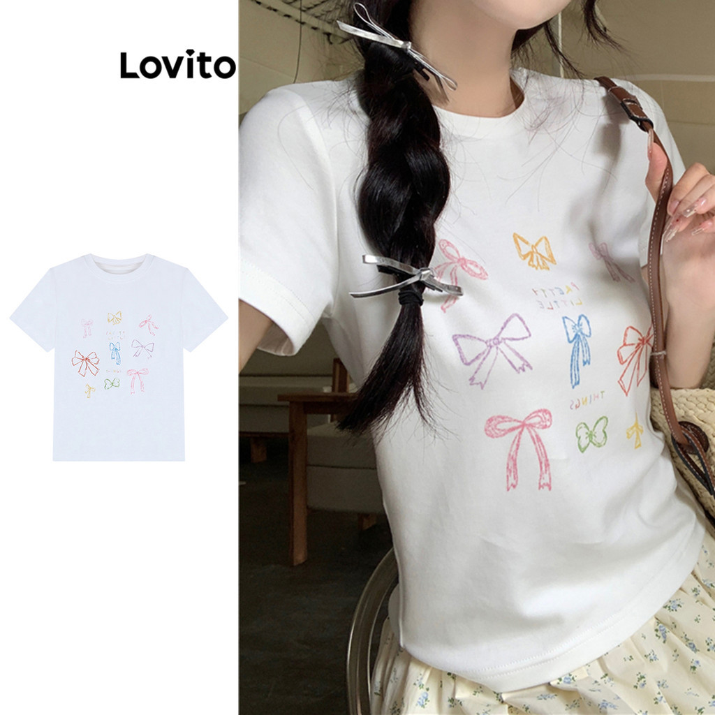 Lovito เสื้อยืดด้านหน้าโบว์ธรรมดาน่ารักสำหรับผู้หญิง LNE71146