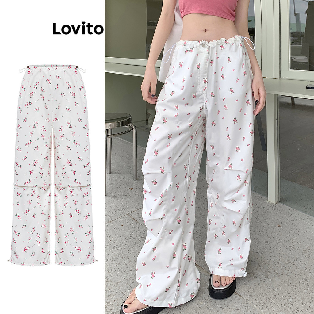 Lovito กางเกงผู้หญิง แบบเชือกรูด ลายดอกไม้ สไตล์น่ารัก L97AD213