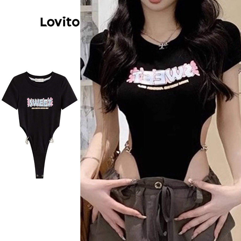 Lovito บอดี้สูทผู้หญิง มีลาย สีพื้น สไตล์ลำลอง LNA67273