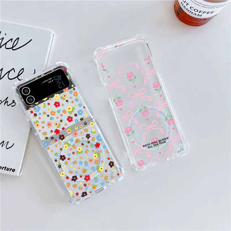 สําหรับ Samsung Z Flip 6 Classy ดอกไม้สีสดใสสีชมพูโบว์เชอร์รี่ Hard กันกระแทกถุงลมนิรภัยกรณีแม่เหล็ก Samsung Z Flip 5 4 3 Anti-Slip กันกระแทกเต็มแพคเกจโปร่งใส