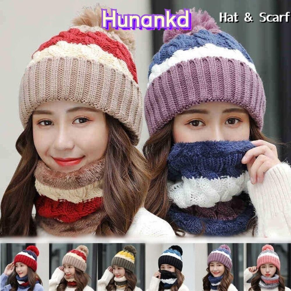 Hunan 2 ชิ้น/เซ็ตหมวกถัก,คอป้องกันผ้าพันคอนุ่มชุด,ฤดูหนาวWindproof Plushกลางแจ้ง Beaniesหมวกผู้หญิง