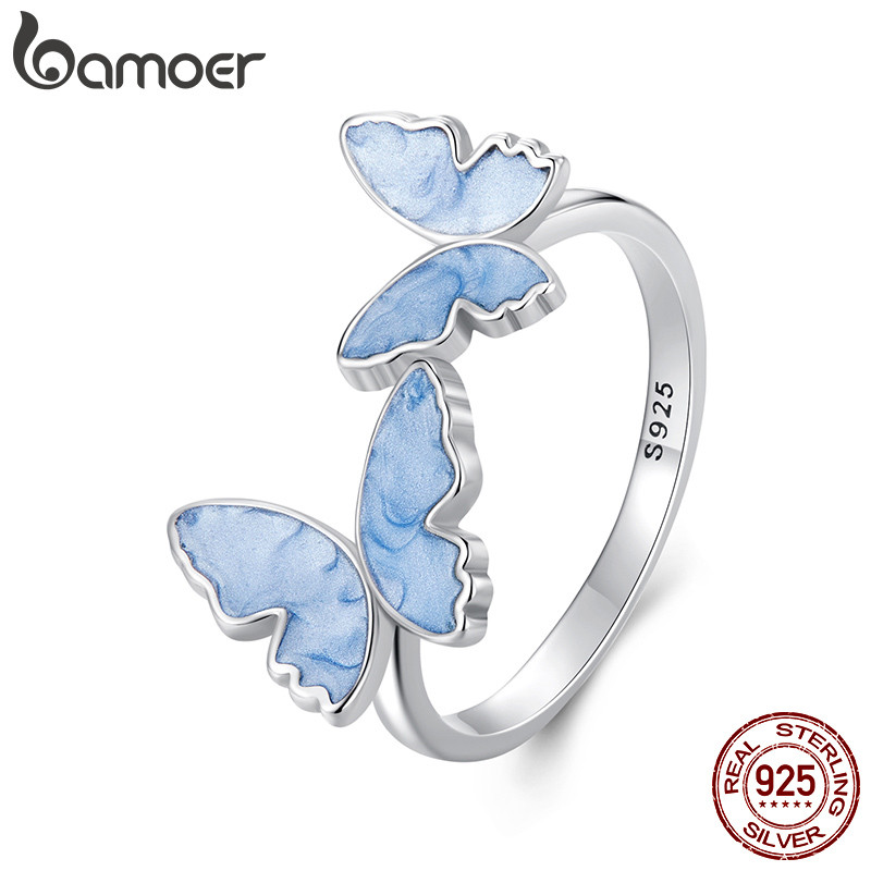 Bamoer 925 Sterling Sliver เปิดแหวนปรับเครื่องประดับผีเสื้อสีฟ้าของขวัญสําหรับผู้หญิง SCR1088-E