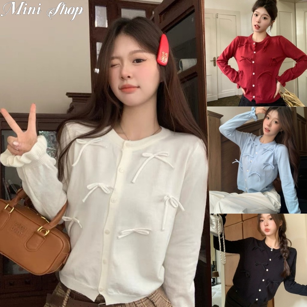 Mini shop พร้อมส่ง เสื้อไหมพรมแขนยาวน่ารักมากๆ คอกลมดีเทลแต่โบว์ 4สี(Z-B53）