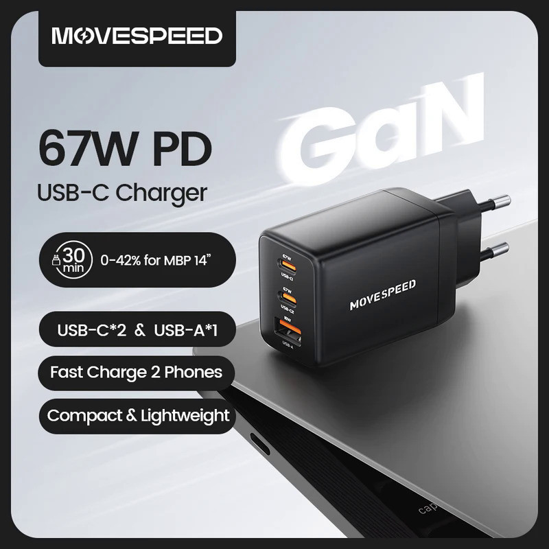 MOVESPEED 67W USB-C Charger Fast Charging 65W PD Type C PPS GaN Charger Adapter for iPhone 16 Pro Ma