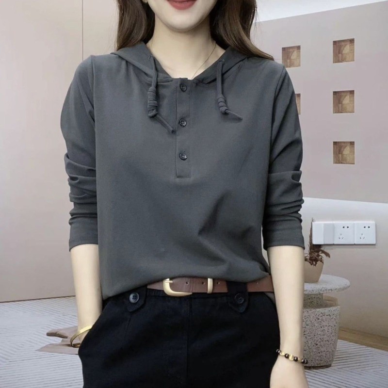 เสื้อสวมหัวผู้หญิงฤดูใบไม้ร่วงเกาหลีหลวมสีทึบแขนยาวสบายๆกีฬาด้านบน