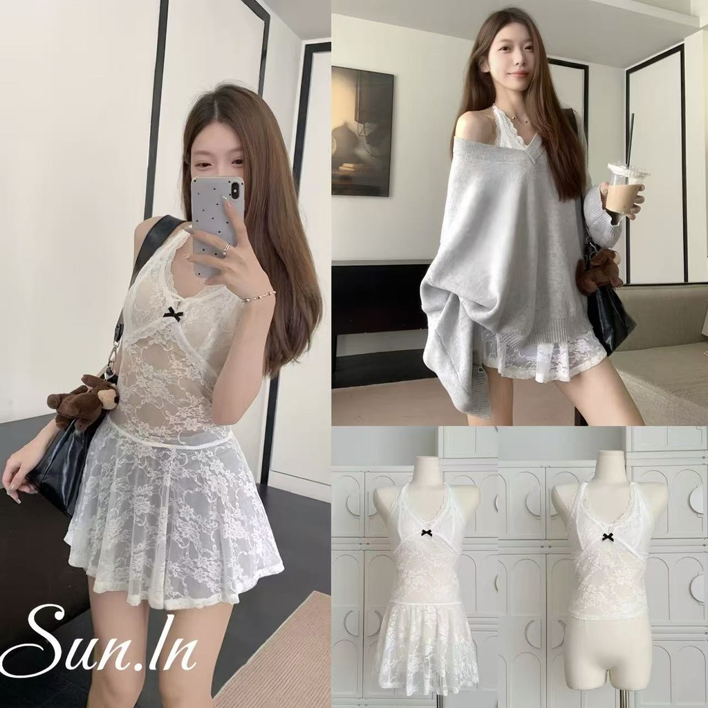 SUN พร้อมส่ง เดรสคล้องคอลูกไม้ล้วน เสื้อสารพัดประโยชน์ สำหรับสาวฮอต เดรสลูกไม้เกาหลีหวานๆ