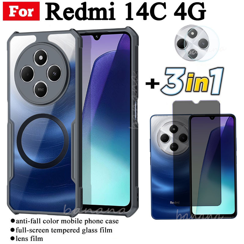 3 in 1 Redmi 14C กันกระแทกเคสโทรศัพท์แม่เหล็กไร้สายชาร์จสติกเกอร์สําหรับ Redmi 13C C65 C75 Anti Spy กระจกนิรภัยป้องกันหน้าจอและฟิล์มเลนส์