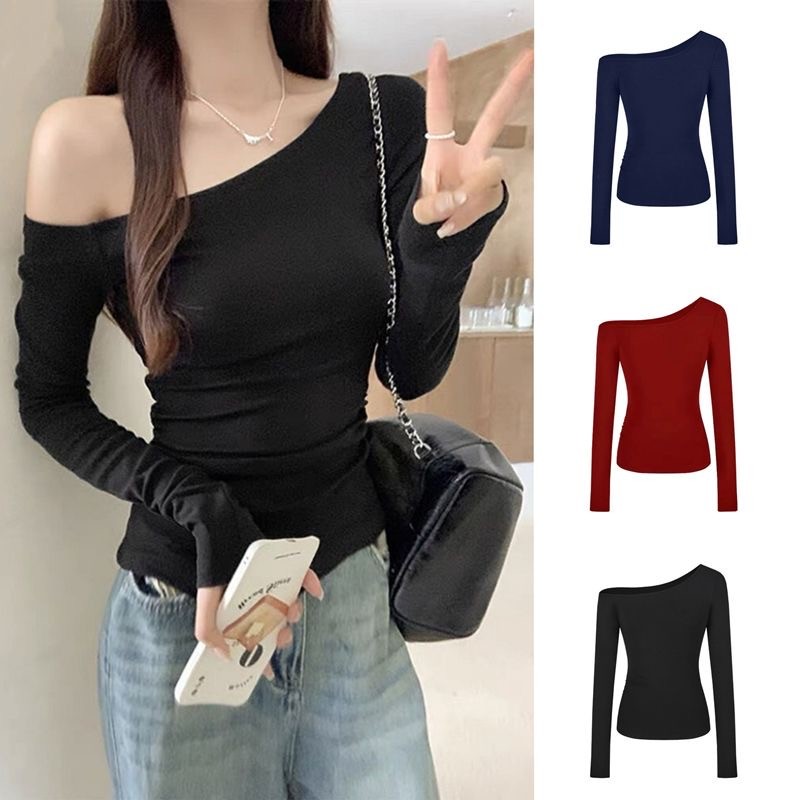Cuties 2666 เสื้อยืดแขนยาวผู้หญิงแฟชั่น สีพื้น เสื้อยืดแขนยาวปาดไหล่ ใหม่ไม้ร่วง นแหวว