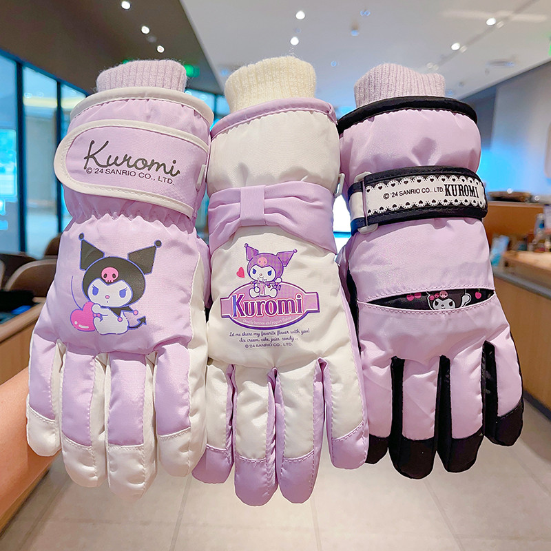 Kuromi ถุงมือหนาเย็นสําหรับเด็กขยายเล่นสกีกลางแจ้ง Sanrio Boys Play Snow Plus กํามะหยี่หนา Five-Fing