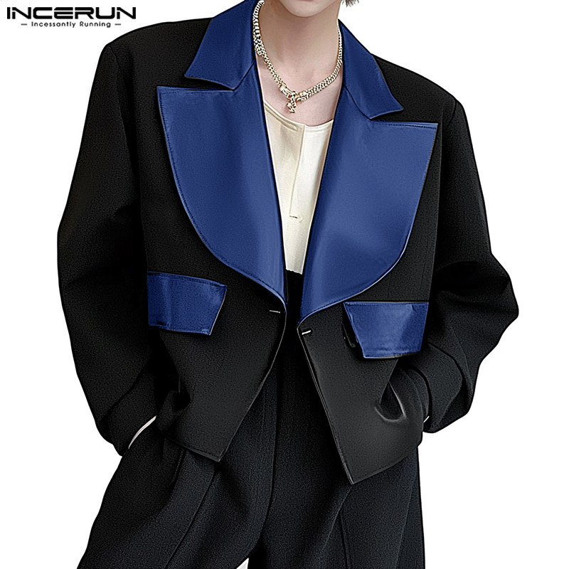 Incerun ผู้ชายเกาหลี Patchwork Turn Down Collar เสื้อเบลเซอร์ลําลองแขนยาว