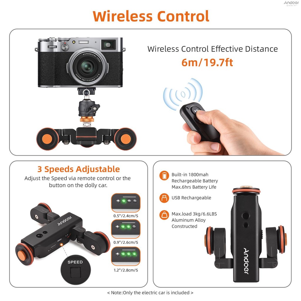 Andoer มอเตอร์กล้องวิดีโอ Dolly ขนาดระบุ Auto Dolly Motorized Video Slider Skater 3 ความเร็วปรับ 2.4G รีโมทคอนโทรลผู้ถือโทรศัพท์ Ballhead เปลี่ยน fo