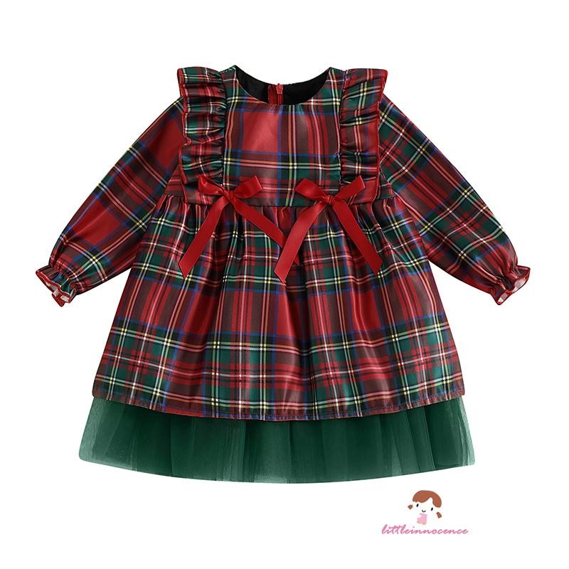 Xzq-little Girls Christmas Dress Bow Long Sleeve Round Neck A-Line Mesh Plaid Dress