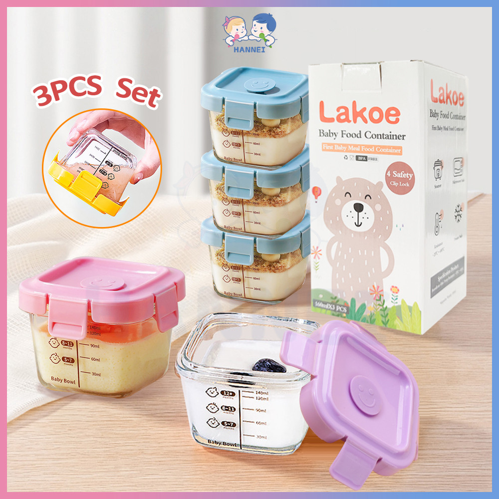 HANNEI กล่องข้าว กล่องแก้ว เข้าไมโครเวฟได้ ถ้วยเด็ก 160ml เซต3ใบ ปลอดภัยสำหรับเด็กเล็ก  ถ้วยเก็บอาหารเด็ก