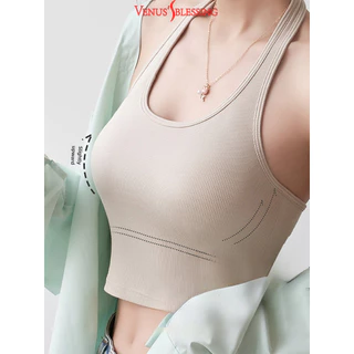 S-xl เสื้อกล้ามเชือกแขวนคอวินเทจพร้อมแผ่นรองหน้าอกเกลียวเสื้อครอปเปลือยคอยู