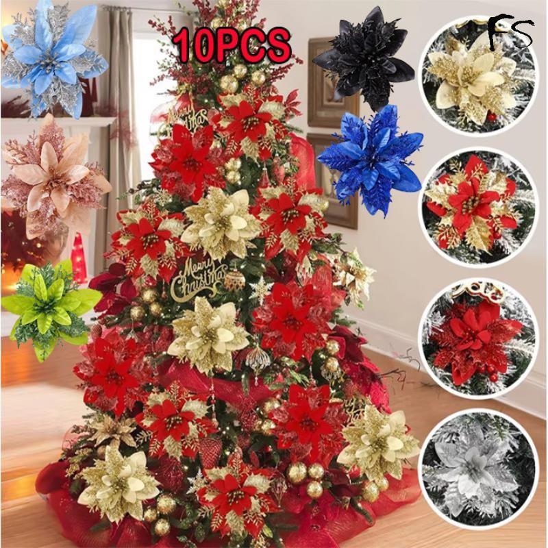 10/5/1ชิ้น14ซม.glitter Artificalคริสต์มาสดอกไม้Merry Christmas Treeตกแต่งสวัสดีปีใหม่เครื่องประดับXmasดอกไม้ปลอมนาตาล