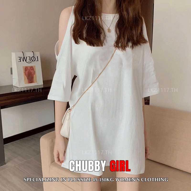 Plus size เสื้อผ้าสาวอวบ เสื้อยืดสาวอวบอ้วน ไซส์ใหญ่ ผู้หญิง เสื้อยืด oversize ทรงหลวม แขนสั้น คอกลม ปาดไหล่ พิมพ์ ฤดูร้อน สไตล์เกาหลีแฟชั่น