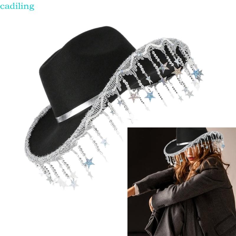 Cadiling Elegant Roll Brims หมวกคาวบอยเลื่อม Fringes Fedoras หมวก Western หมวกสําหรับผู้ใหญ่