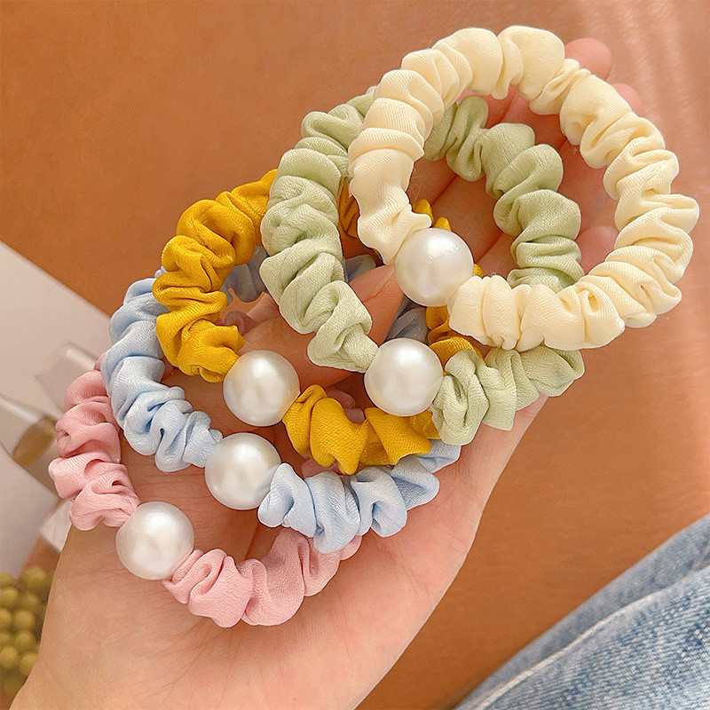 เครื่องประดับผม Simple Pearl Scrunchy แหวนผม Influencer ผ้า Scrunchy แหวนยืดหยุ่นสูงยาง Band