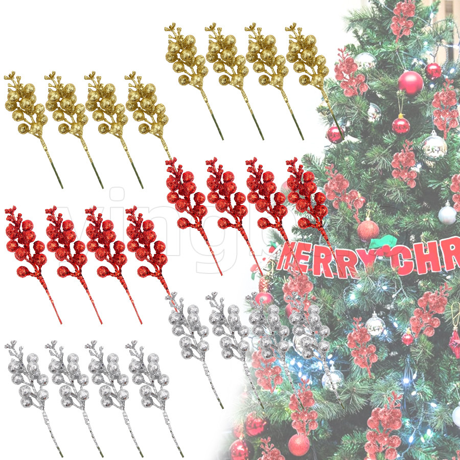 30 ชิ้นคริสต์มาส Glitter Berries ก้านประดิษฐ์ Red Berry สาขา Holly Picks Stems เครื่องประดับต้นคริสต์มาสสําหรับ DIY พวงหรีดคริสต์มาสหัตถกรรมของขวัญวันหยุดตกแต่งบ้าน