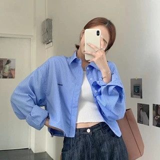 Dahong เสื้อเชิ้ตลายทางแขนสั้น เสื้อเชิ้ตเเขนยาว ผู้หญิง ปักลาย ทรงหลวม สีสวย น่ารักสดใส w521