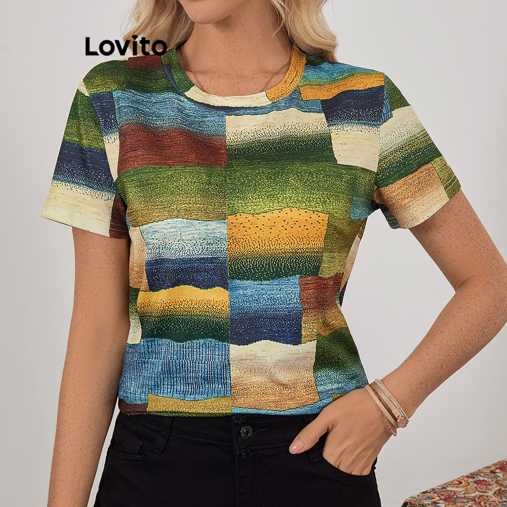 Lovito เสื้อยืดลายแพทช์เวิร์คลำลองสำหรับผู้หญิง LBL18655