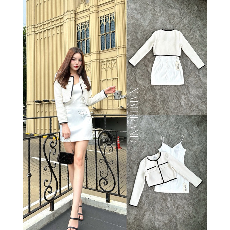 (พร้อมส่ง) nabi&mabel34 SET เสื้อคลุมแขนยาวมาคู่ กับ เดรสสายเดี่ยวสีขาว งานป้าย Mabel ร้านK. Q.