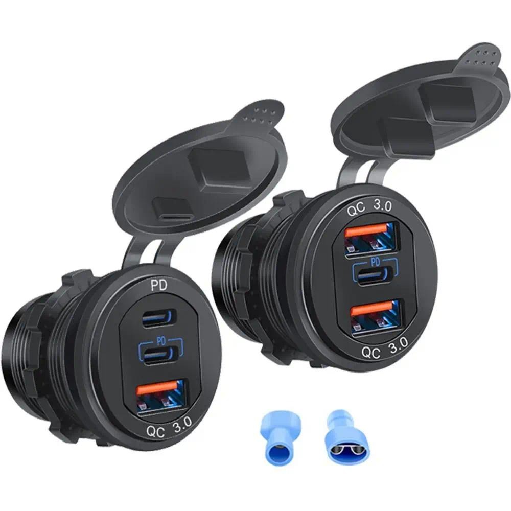 พอร์ต Dual PD/QC QC3.0 Car Charger Socket Fast Charging QC3.0 + PD 12 V/24 V รถ Moto อะแดปเตอร์สีฟ้าไฟ Led ป้องกันฝุ่น