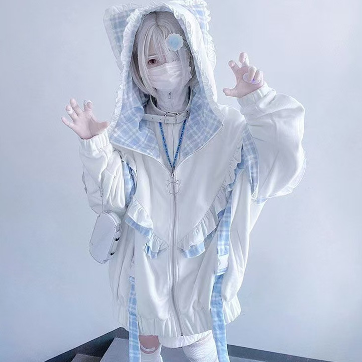 ญี่ปุ่นอะนิเมะน้ําสี Checker Meow Subculture Y2k น่ารักหลวม Plush Coat Legging Ins