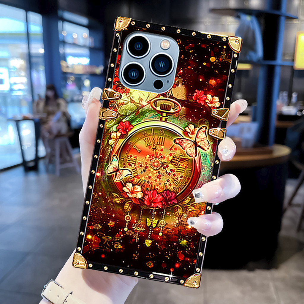 ปลอก iPhone 16 15 14 13 12 11 Pro Max X XS XR 6 7 8 Plus หรูหราแฟชั่นรูปแบบผีเสื้อสแควร์กันกระแทกเคสโทรศัพท์ฝาครอบ
